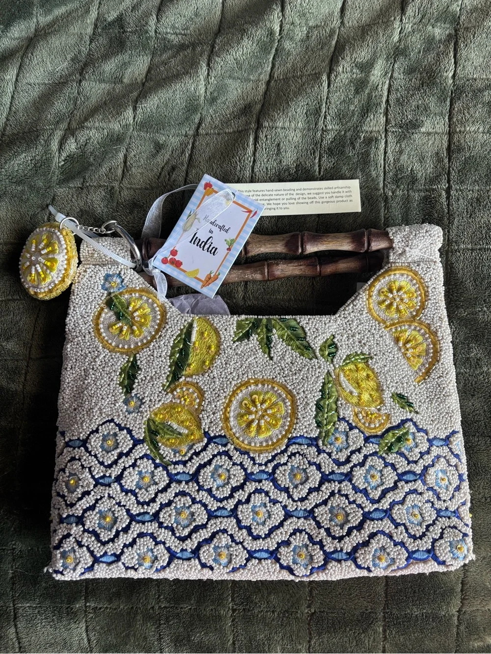 Beaded Lemon & Blue Floral Handbag